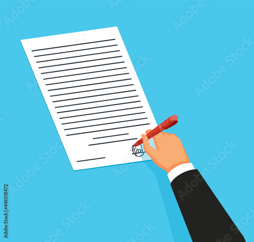 Notary service advertisement. Legal document with hand witnessing legal documents by signature. Color vector illustration in flat style