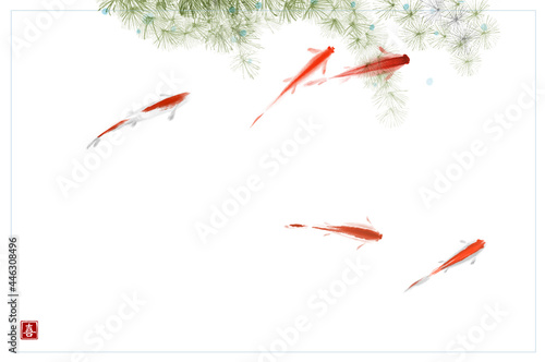 Liitle fishes and seaweed on white background. Traditional oriental ink painting sumi-e, u-sin, go-hua. Hieroglyph - joy