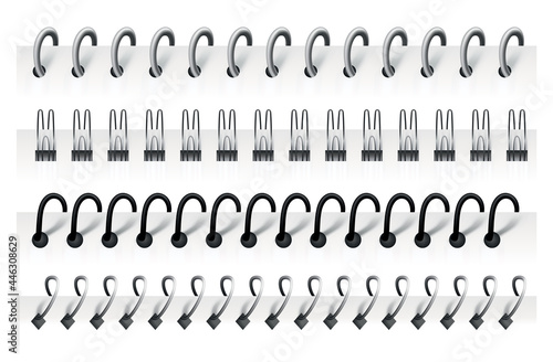 Notebook spirals, wire steel ring bindings and springs for calendar, diary, notepad, document cover or booklet sheets. Metal stitch isolated on white background. Can use as page divider