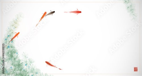 Liitle fishes and seaweed on white background. Traditional oriental ink painting sumi-e, u-sin, go-hua. Hieroglyph - double luck.