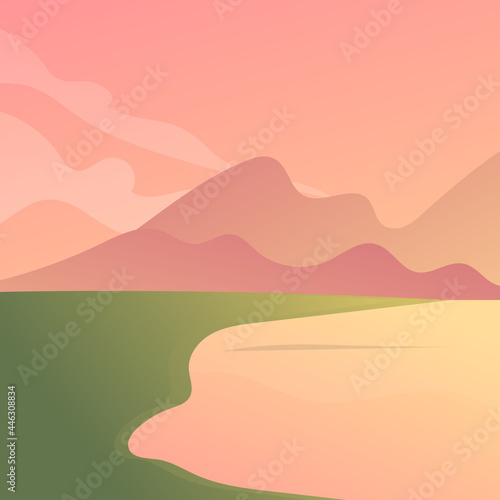 Mountain at sunset and pond,illustration Vector EPS 10 