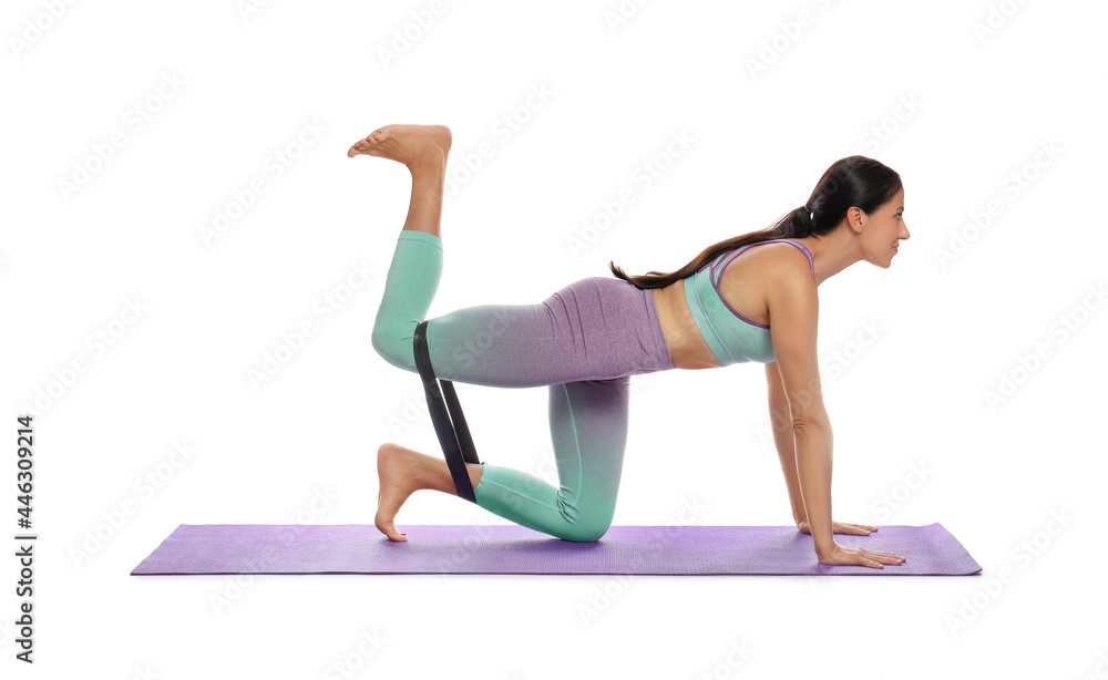 Woman doing sportive exercise with fitness elastic band on white background Woman doing sportive exercise with fitness elastic band on white background