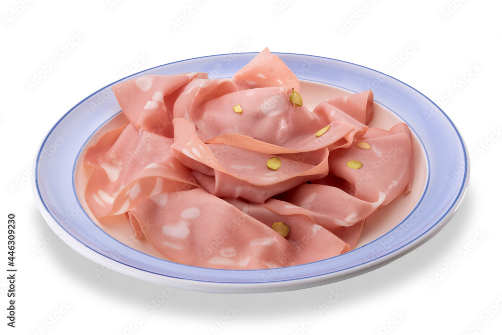 Bologna mortadella with pistachio, slices of the typical Italian sausage in plate with blue rim isolated on white
