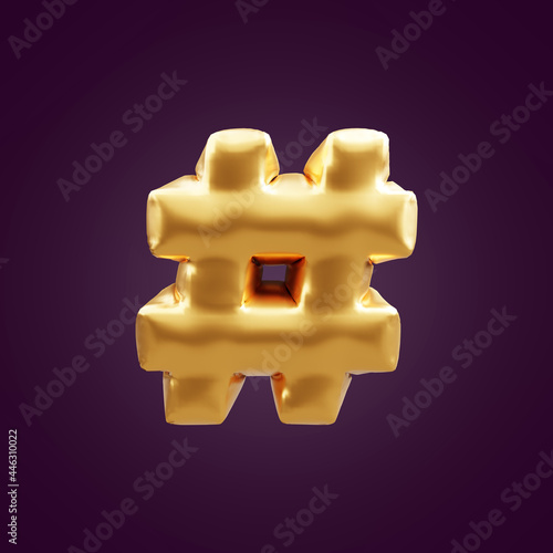 3D hashtag golden balloon sign. 3d illustration of golden hash tag sign