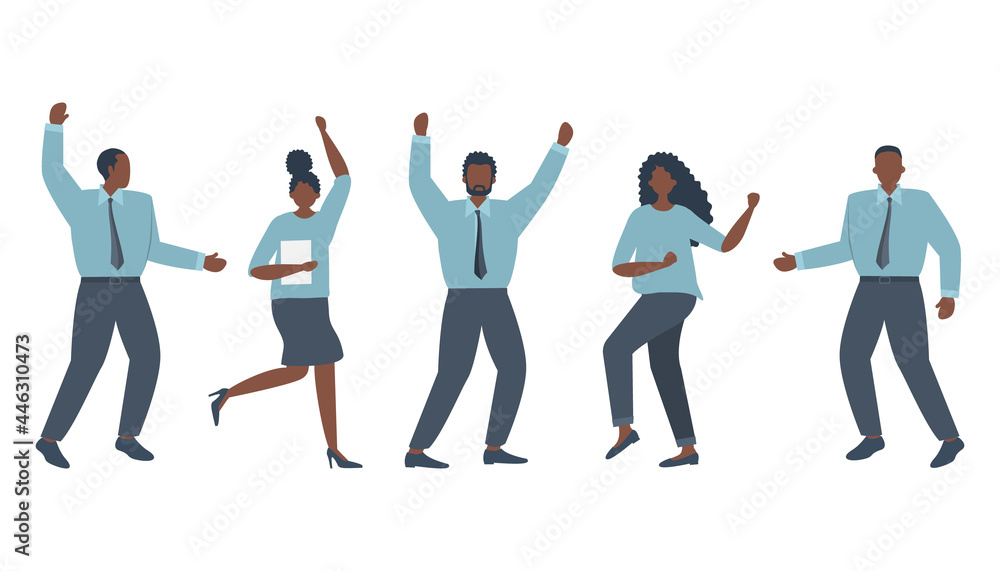 Office workers are celebrating the victory. Happy employees are dancing and jumping. Black business people. Funky flat style. Vector illustration