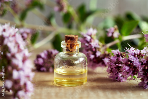 A bottle of aromatherapeutic essential oil with oregano flowers