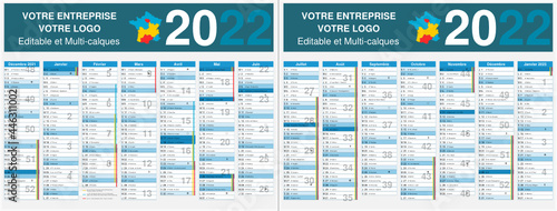 Calendrier 2022 14 mois avec vacances scolaires officielles au format 320 x 420 mm recto verso entièrement modifiable via calques et texte arial