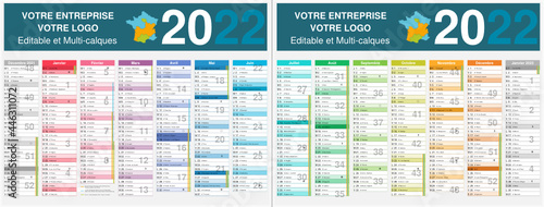 Calendrier 2022 14 mois avec vacances scolaires officielles au format 320 x 420 mm recto verso entièrement modifiable via calques et texte arial