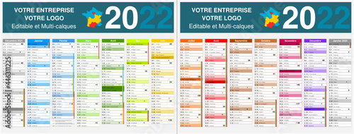 Calendrier 2022 14 mois avec vacances scolaires officielles au format 320 x 420 mm recto verso entièrement modifiable via calques et texte arial