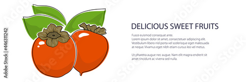 Orange persimmon banner , tropical fruit isolated on white background, vector illustration