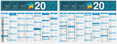 Calendrier 2022 14 mois avec vacances scolaires officielles au format 320 x 420 mm recto verso entièrement modifiable via calques et texte arial