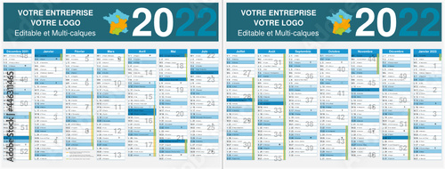 Calendrier 2022 14 mois avec vacances scolaires officielles au format 320 x 420 mm recto verso entièrement modifiable via calques et texte arial