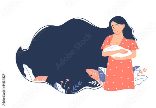 Breastfeeding baby background. Beautiful young mother breast feeding suckling with breast milk. Healthy nutrition concept. Caucasian mom with long hair. Maternity bonding flat vector illustration.