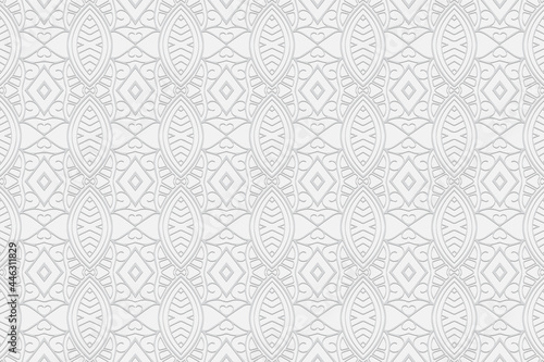 3D volumetric convex embossed geometric white background. Ethnic oriental, asian, indian pattern with handmade elements.Wallpaper for design and decoration. 