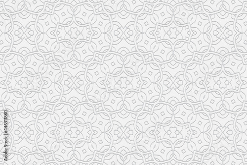 3d volumetric convex embossed geometric white background. Ethnic oriental, asian, indian pattern with handmade elements.Unique wallpaper for design and decor.
