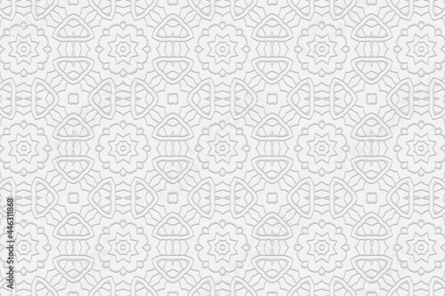 3d volumetric convex embossed geometric white background. Ethnic oriental, asian, indian pattern with handmade elements. Decorative wallpaper for design and decor.