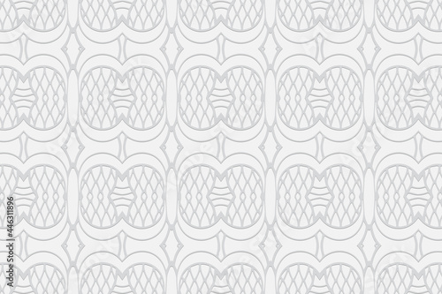 3d volumetric convex embossed geometric white background. Ethnic oriental, asian, indian pattern with handmade elements. Creative wallpapers for design and decor.