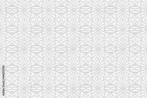 3d volumetric convex embossed geometric white background. Ethnic oriental, asian, indian pattern with handmade elements. Curly wallpaper for design and decor.