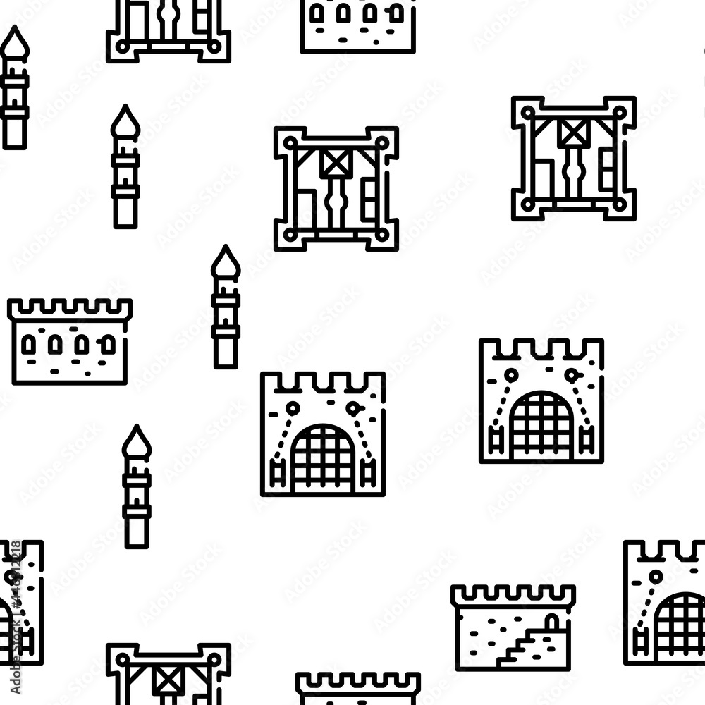 Castle Construction Vector Seamless Pattern Thin Line Illustration