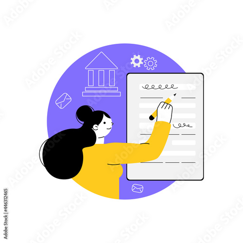 Woman with pencil filling in paper form. Application form, tax return. Concept of public survey, customer review, consumer's opinion, market research. Flat vector illustration in trendy style