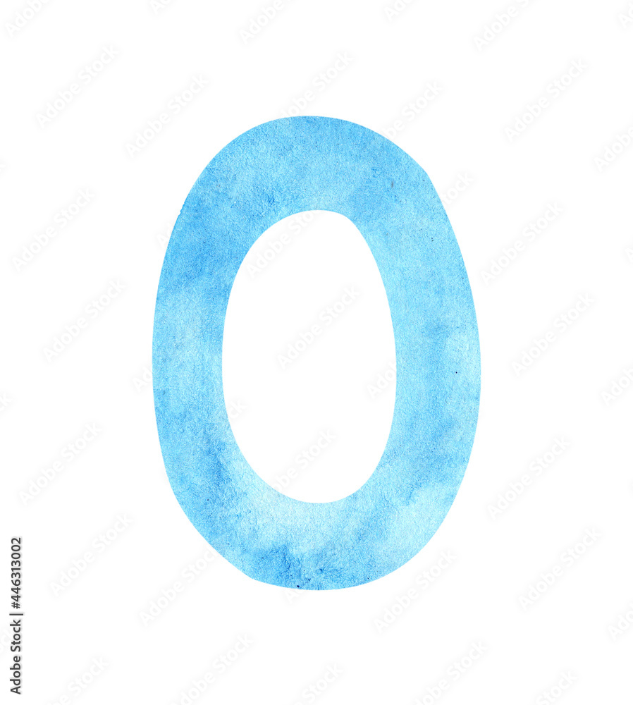 Watercolor blue zero number isolated on white.