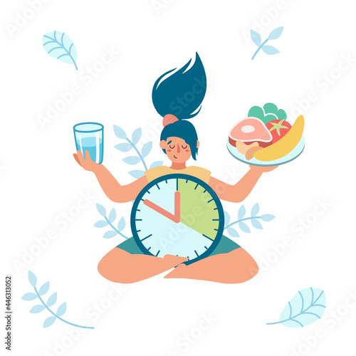Meditating woman, sitting balance in lotus pose, holding a glass of water and a plate with healthy food in her hands. Waiting for time to eat. Intermittent fasting. Yoga. Patience.
