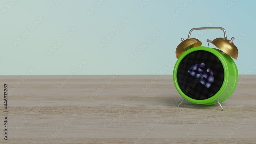 3d rendering of color alarm clock with symbol of cinema 3d glasses on display on table