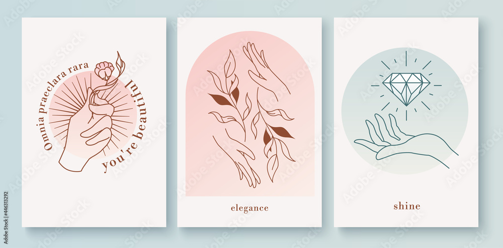 Hand logo templates set, emblems. Vector logo design templates with various hand gestures. Postcards, banners or posters. Linear compositions. Vector illustration Hand logo templates set, emblems. Vector logo design templates with various hand gestures. Postcards, banners or posters. Linear compositions. Vector illustration
