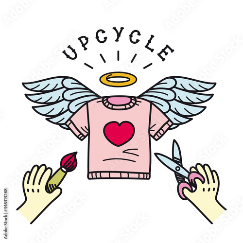 New life of an old T-shirt, upcycling it with paints and scissors. T-shirt`s resurrection.