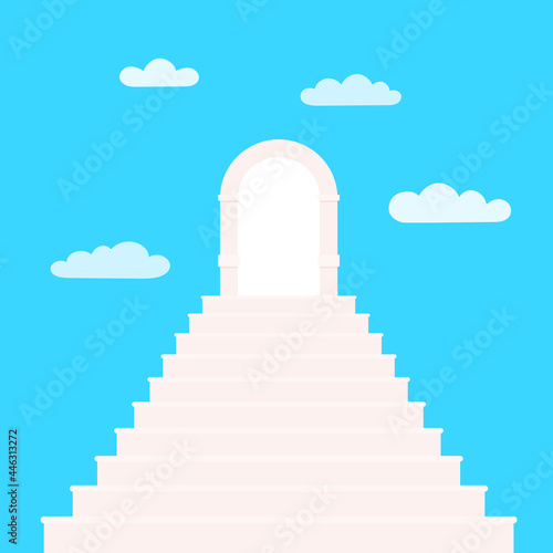 Steps to the sky with an antique arch on top. Religious concept, stairway to heaven. Vector illustration in flat style