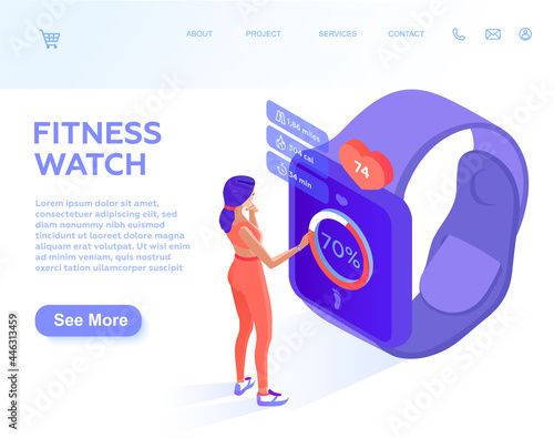 The girl monitors and adjusts the parameters on a smart watch for sports. Isometric illustration