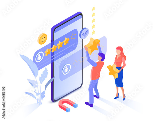 People leave 5 stars, positive feedback, customer rating for product or service. Buyers leave a positive rating. Vector isometry