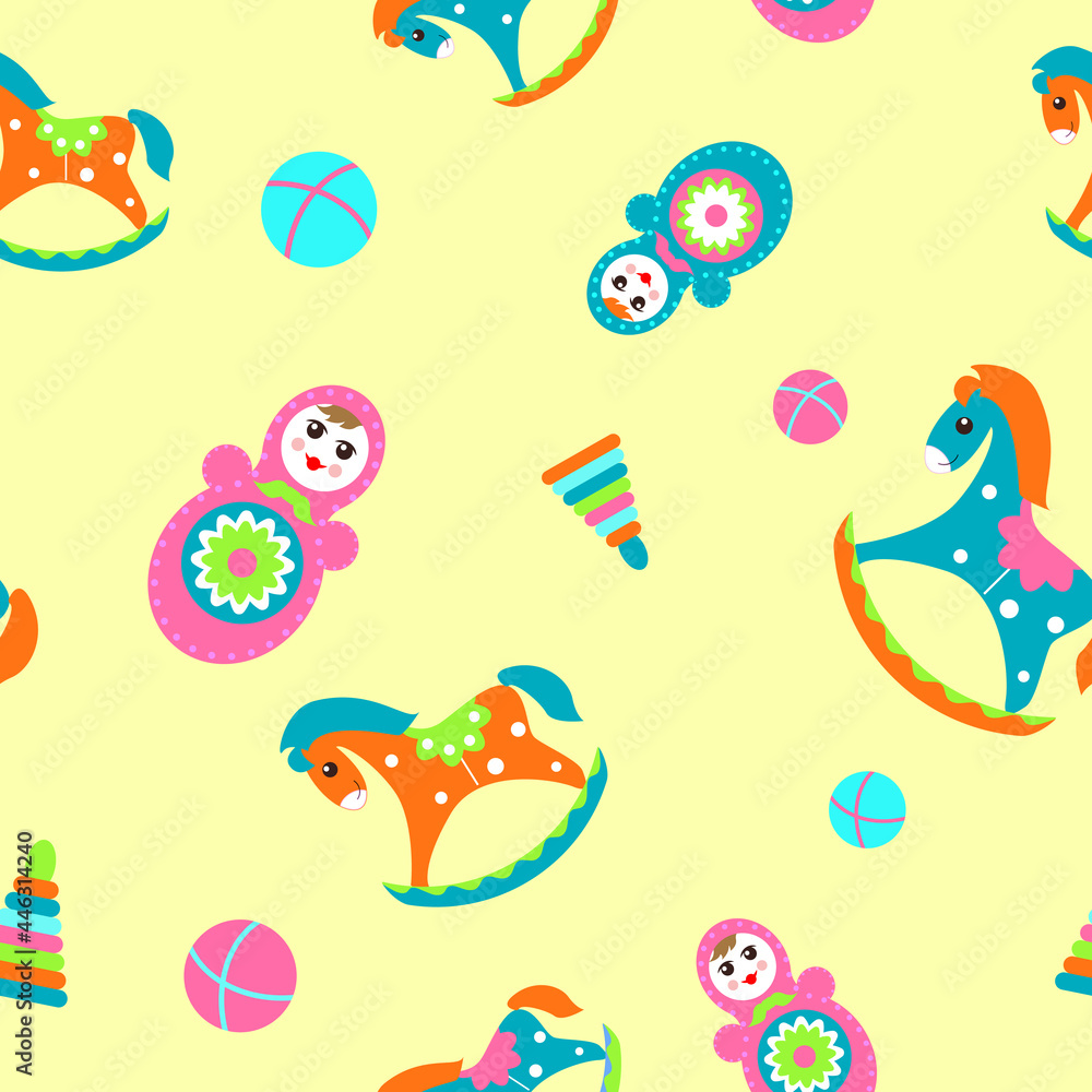 Seamless children's pattern with rocking horses, tumbler dolls and balls on a yellow background