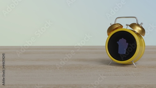 3d rendering of color alarm clock with symbol of french press on display on table
