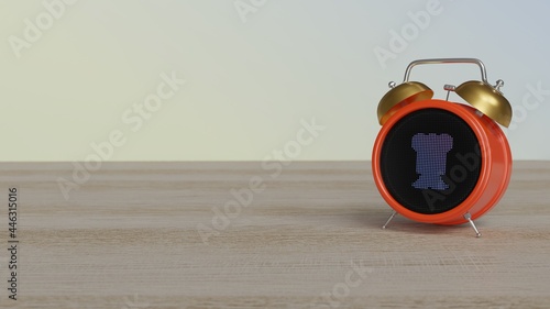 3d rendering of color alarm clock with symbol of chef toque and mustache on display on table