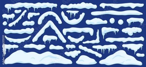 Cartoon snowdrifts. Winter snow piles, drifts, window and roof caps, lines and borders with icicles. Christmas frost decoration vector set photo