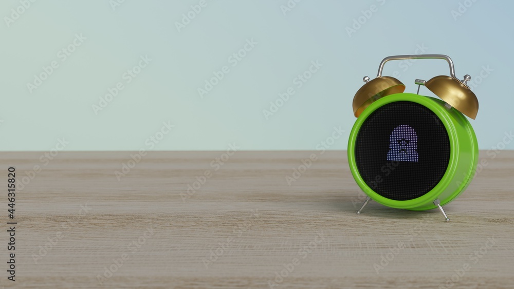 3d rendering of color alarm clock with symbol of matryoshka on display on table