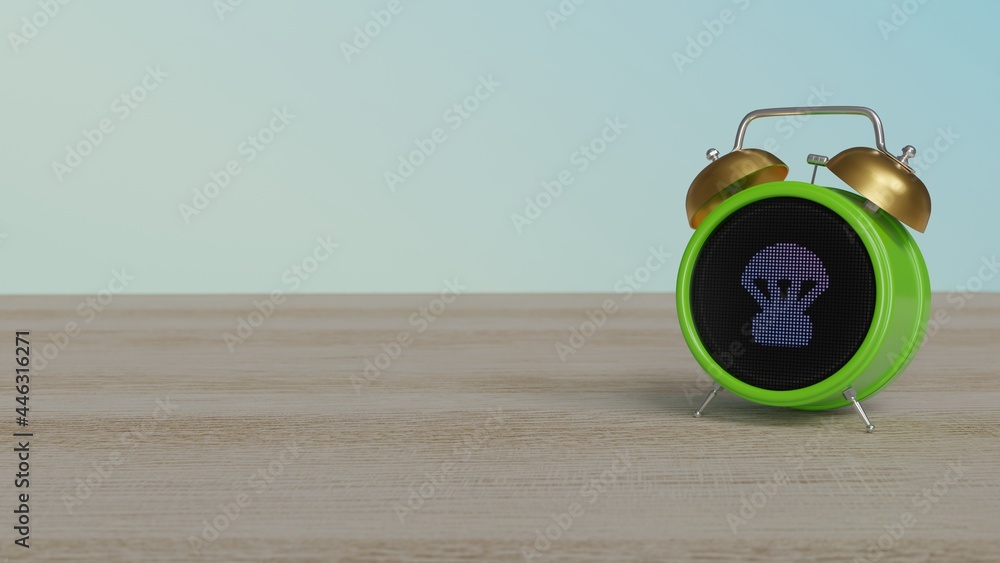 3d rendering of color alarm clock with symbol of parachute help on display on table