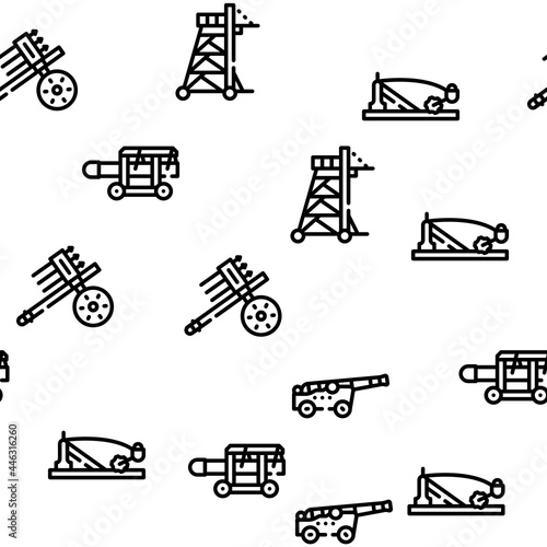 Siege Engine Catapult Vector Seamless Pattern Thin Line Illustration