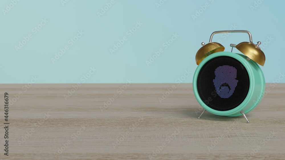 3d rendering of color alarm clock with symbol of respirator on display on table
