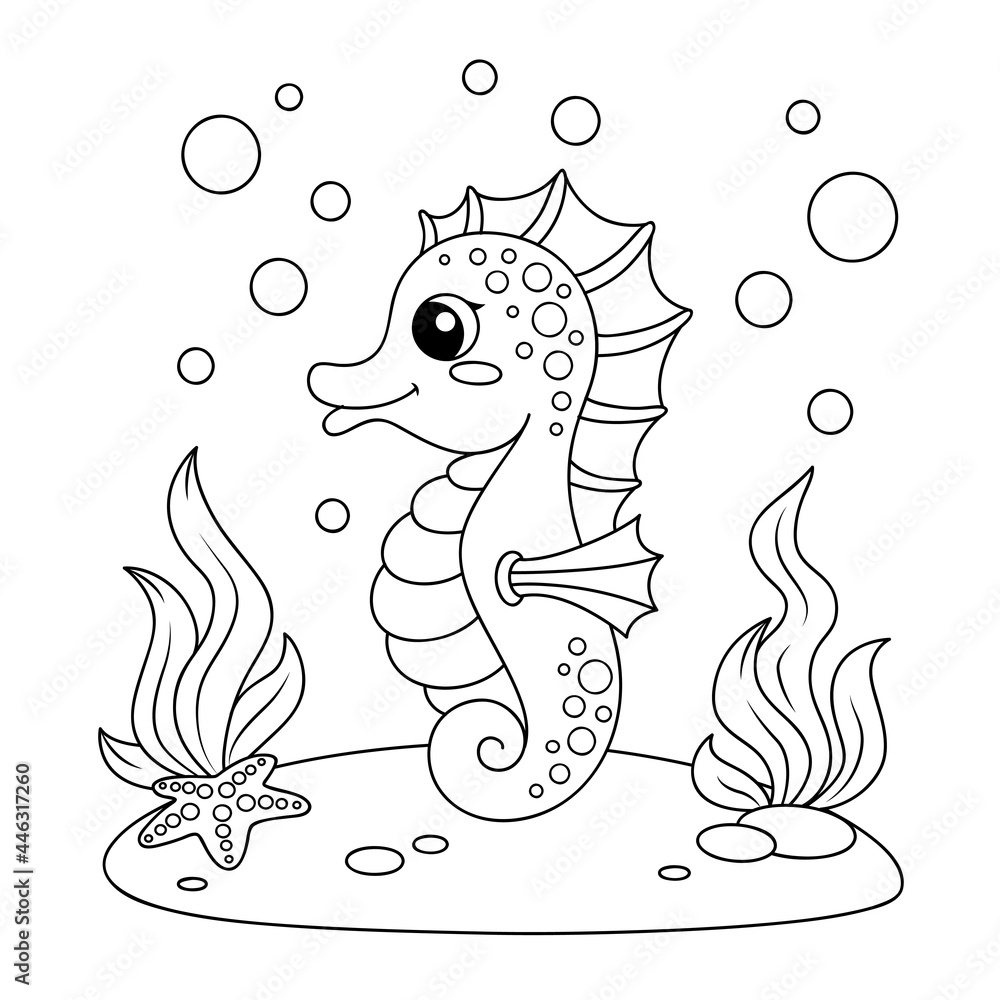 Cute cartoon seahorse. Black and white vector illustration for coloring