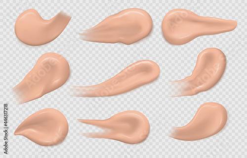 Concealer smears. Realistic skin foundation strokes texture. Makeup smudge swatches, cosmetic base tone cream samples 3d isolated vector set