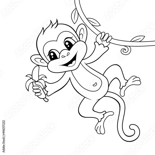 Cute monkey with banana. Black and white vector illustration for coloring book © alka5051
