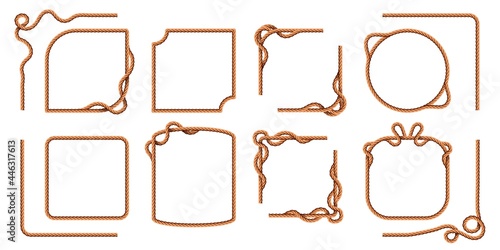 Rope frames. Hemp thread square and round borders, curved nautical cord lines. Realistic cartoon sailor jute strings and twines vector set