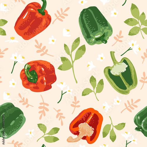 Vector seamless pattern with green and red peppers, flowers and leaves