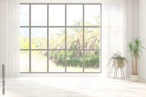 Fototapeta Naklejka Na Ścianę i Meble -  White empty room with summer landscape in window. Scandinavian interior design. 3D illustration