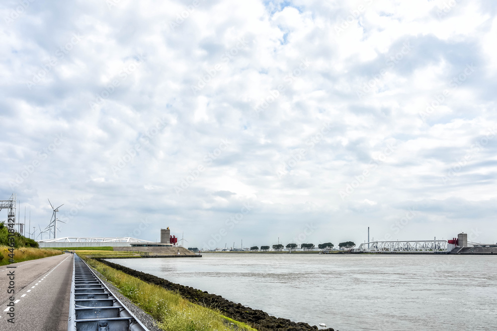 View of the Nieuwe Waterweg in Hoek van Holland with the imposing Maeslant storm surge barrier. Netherlands, Holland, Europe