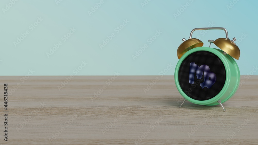 3d rendering of color alarm clock with symbol of Virgo zodiac on display on table