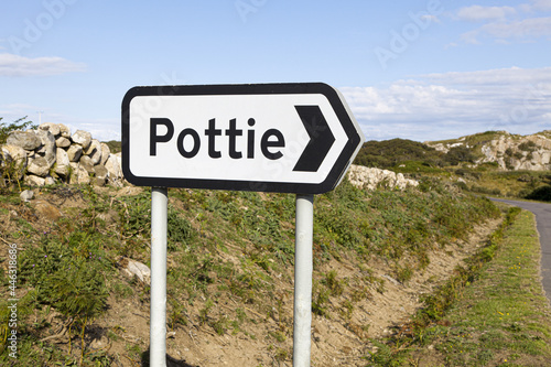 A road sign to the delightfully named hamlet of Pottie on the Isle of Mull, Inner Hebrides, Argyll and Bute, Scotland, UK
