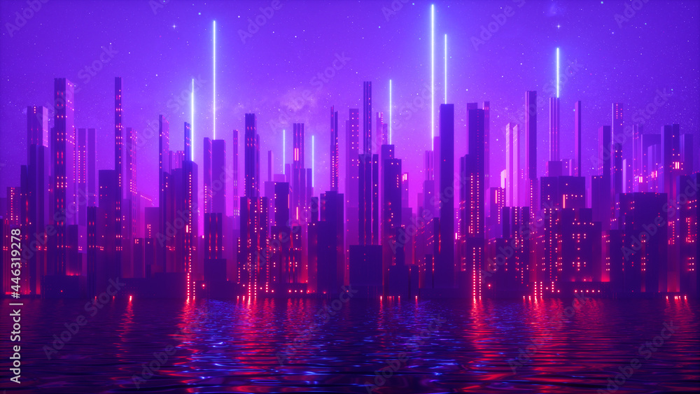 3d render, abstract urban futuristic background. Cityscape with neon light, starry night sky and water